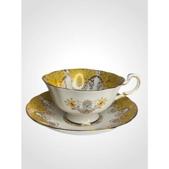 VTG Paragon Floral Bone China Teacup Saucer Set Gold/Yellow/Blue England - Picture 1 of 10